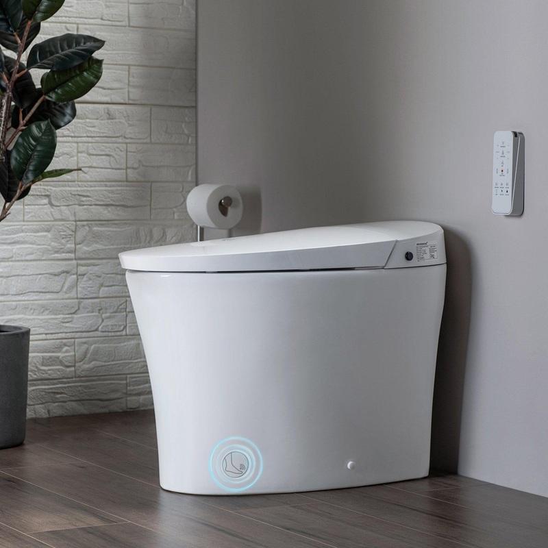 WoodBridge B0970S White Smart Bidet Tankless Toilet Elongated One Piece Chair Height, Auto Flush, Foot Sensor Operation, Heated Seat With Integrated Multi Function Remote Control