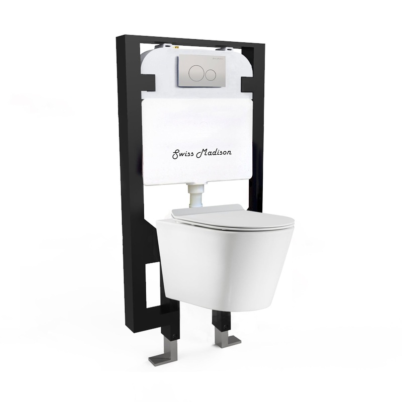 Swiss Madison Calice 14" x 13" Glossy White Round Wall-Hung Toilet Bundle With In-Wall Carrier Tank and 0.8/1.6 GPF Dual-Flush Large Wall Actuator Plate