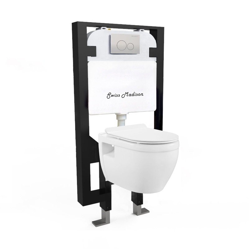 Swiss Madison Ivy 15" x 13" Glossy White Elongated Wall-Hung Toilet Bundle With In-Wall Carrier Tank and 0.8/1.6 GPF Dual-Flush Large Wall Actuator Plate