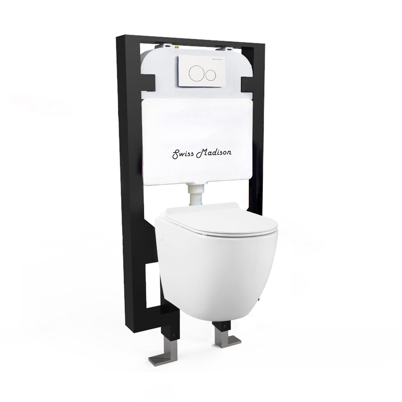 Swiss Madison St. Tropez 14" x 14" Glossy White Elongated Wall-Hung Toilet Bundle With In-Wall Carrier Tank and 0.8/1.6 GPF Dual-Flush Large Wall Actuator Plate