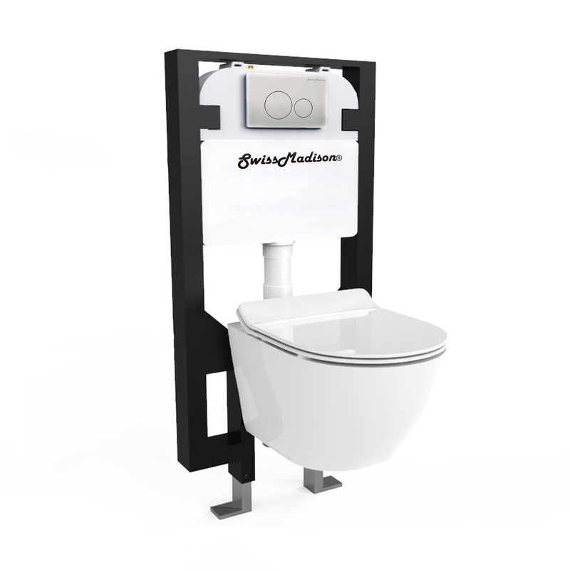 Swiss Madison St. Tropez 14" x 14" White Elongated Wall-Hung Toilet Bundle With In-Wall Carrier Tank and 1.1/1.6 GPF Dual-Flush Matte Chrome Wall Actuator Plate