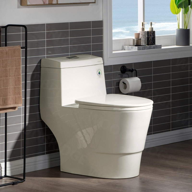 WoodBridge B0942 Biscuit One Piece Toilet with Soft Closing Seat, Chair Height, 1.28 GPF Dual, Water Sensed, 1000 Gram Map Flushing Score Toilet