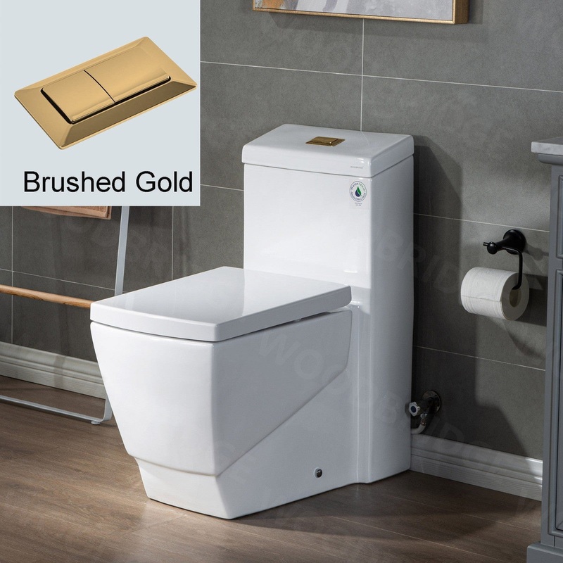 WoodBridge T0020-BG Modern Square Design One Piece Dual Flush 1.28 GP Toilet, Chair Height With Soft Closing Seat and Brushed Gold Button