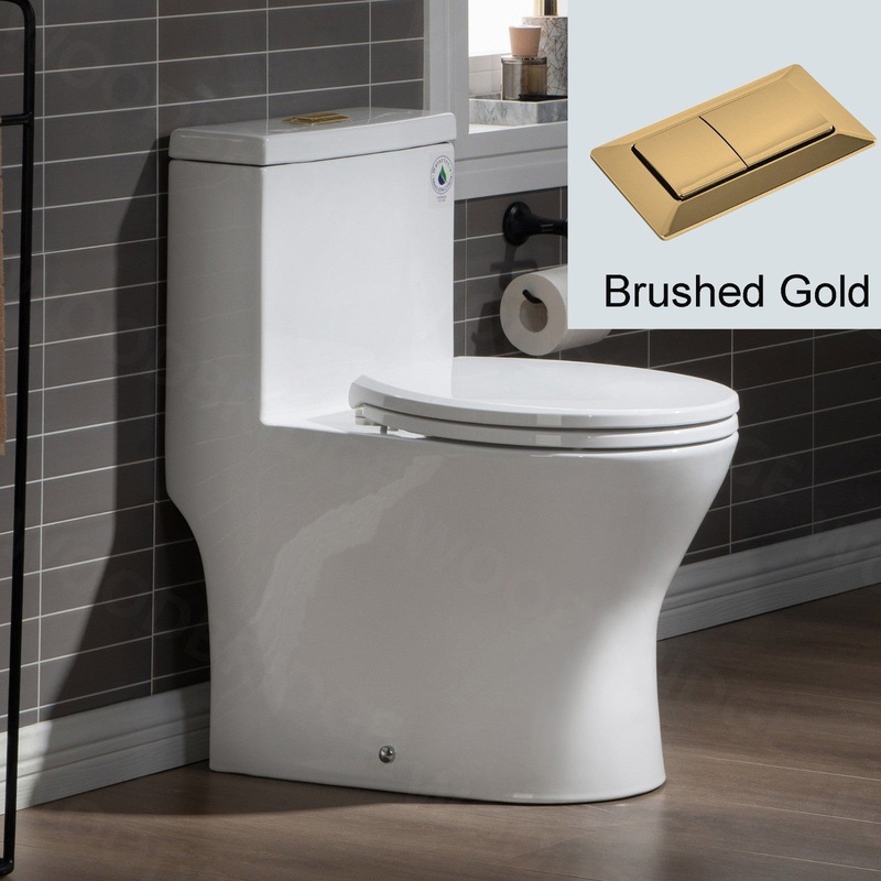 WoodBridge T0031-BG White One Piece Short Compact Toilet Tiny Mini Commode Water Closet Dual Flush Concealed Trapway With Brushed Gold Button
