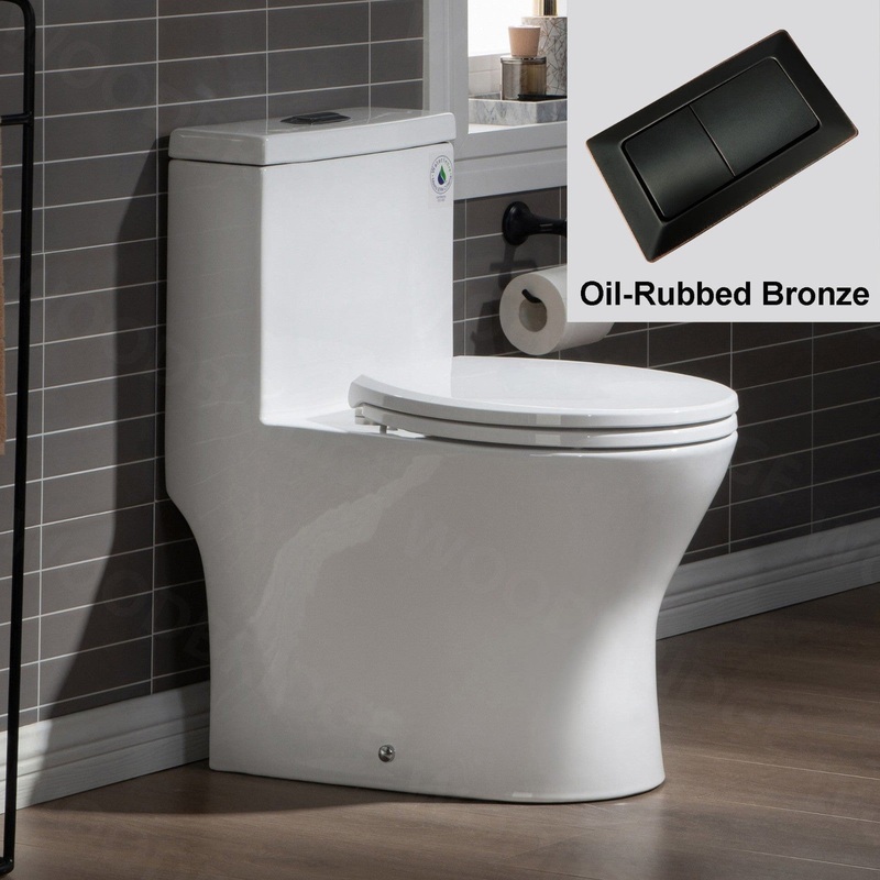 WoodBridge T0031-ORB White One Piece Short Compact Toilet Tiny Mini Commode Water Closet Dual Flush Concealed Trapway With Oil Rubbed Bronze Button