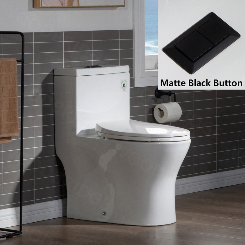 WoodBridge T0032-MB White Modern One Piece Dual Flush 1.28 GP Toilet With Soft Closing Seat and Matte Black Button