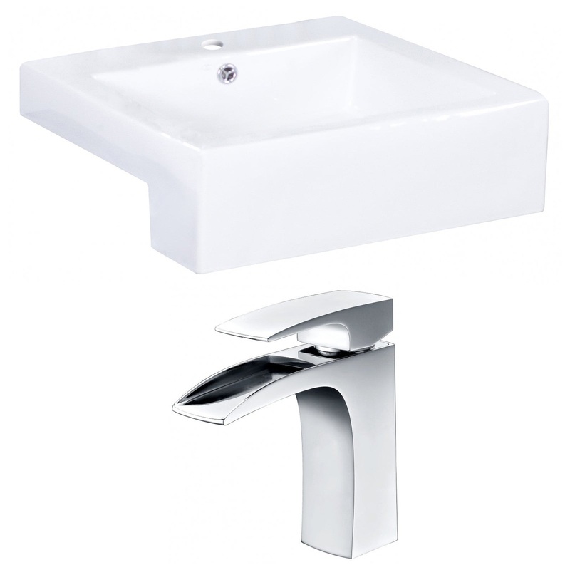 American Imaginations AI-15254 20" White Rectangular Ceramic Semi-Recessed Bathroom Vessel Sink Set