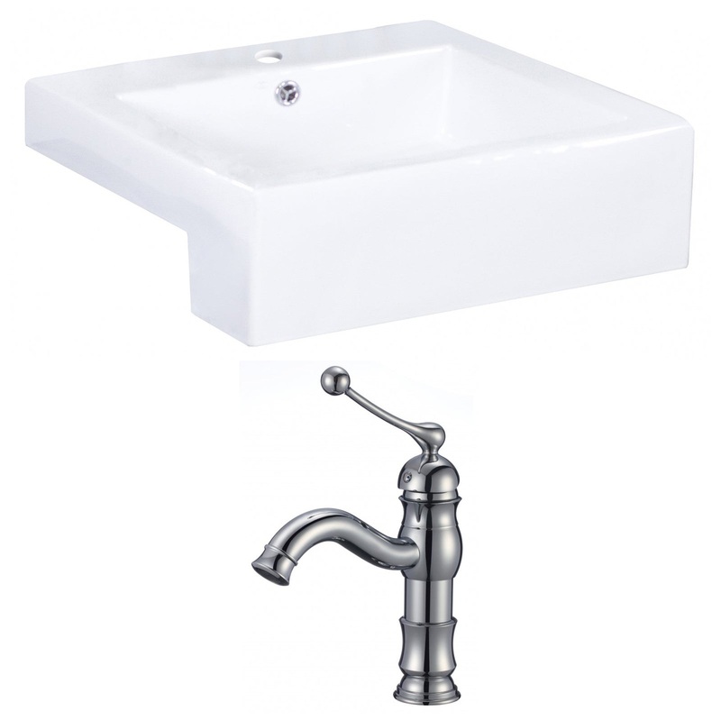 American Imaginations AI-15256 20" White Rectangular Ceramic Semi-Recessed Bathroom Vessel Sink Set
