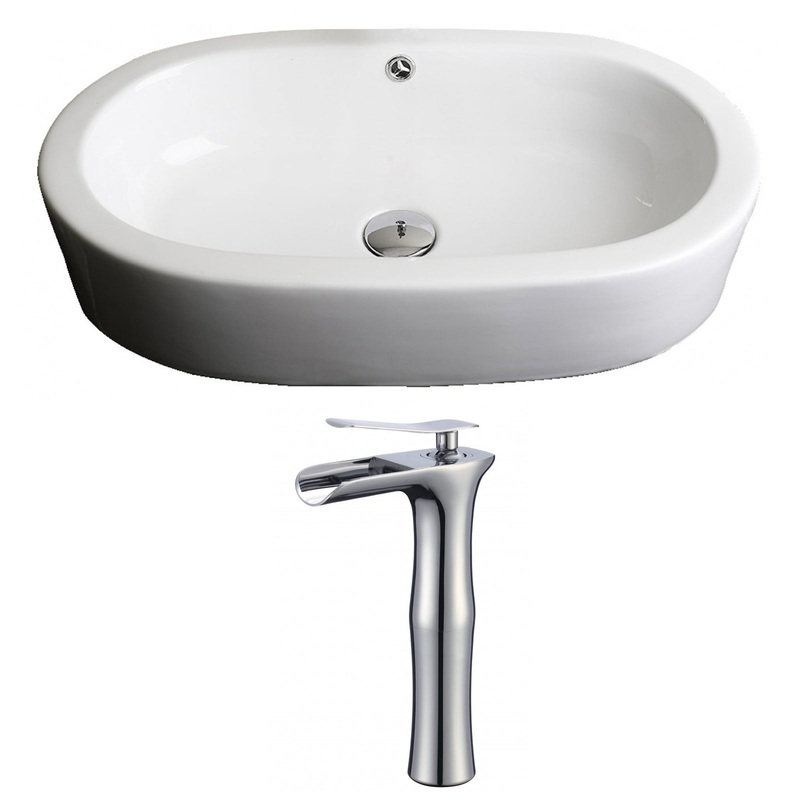 American Imaginations AI-17809 25" White Oval Ceramic Semi-Recessed Bathroom Vessel Sink Set