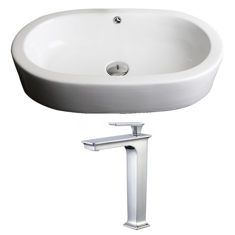 American Imaginations AI-17810 25" White Oval Ceramic Semi-Recessed Bathroom Vessel Sink Set