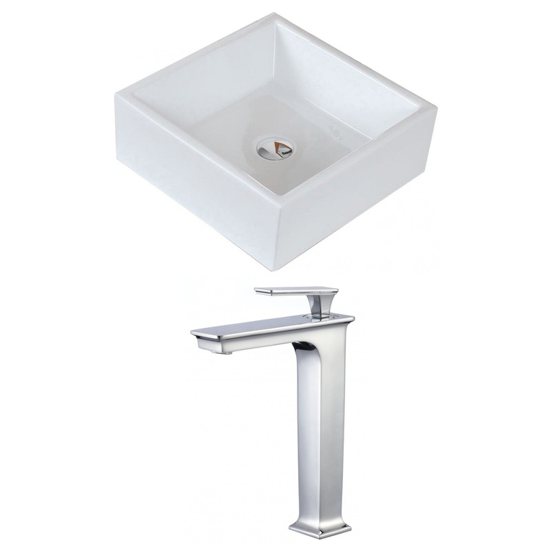American Imaginations AI-17814 15" White Square Ceramic Above Counter Bathroom Vessel Sink Set