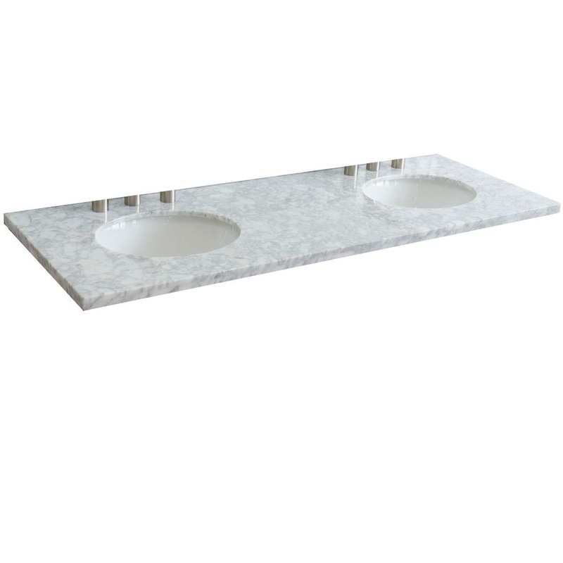 Bellaterra Home 61" x 22" White Carrara Marble Three Hole Vanity Top With Double Undermount Oval Sink and Overflow