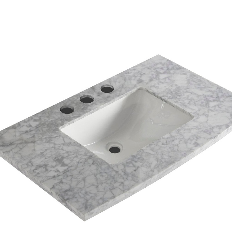 Bellaterra Home 36" x 22" White Carrara Marble Three Hole Vanity Top With Undermount Rectangular Sink and Overflow