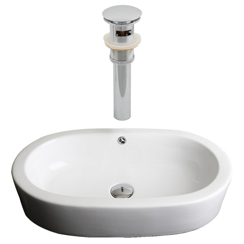 American Imaginations AI-14893 25" White Oval Ceramic Semi-Recessed Bathroom Vessel Sink Set