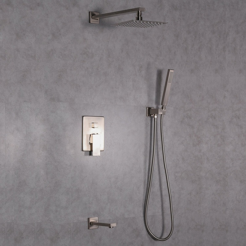 Eviva Beverly Brushed Nickel Wall-Mounted Squared Shower Head With Hand Shower and Tub Faucet