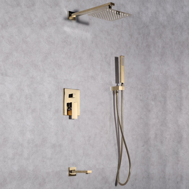 Eviva Beverly Gold Coated Wall-Mounted Squared Shower Head With Hand Shower and Tub Faucet