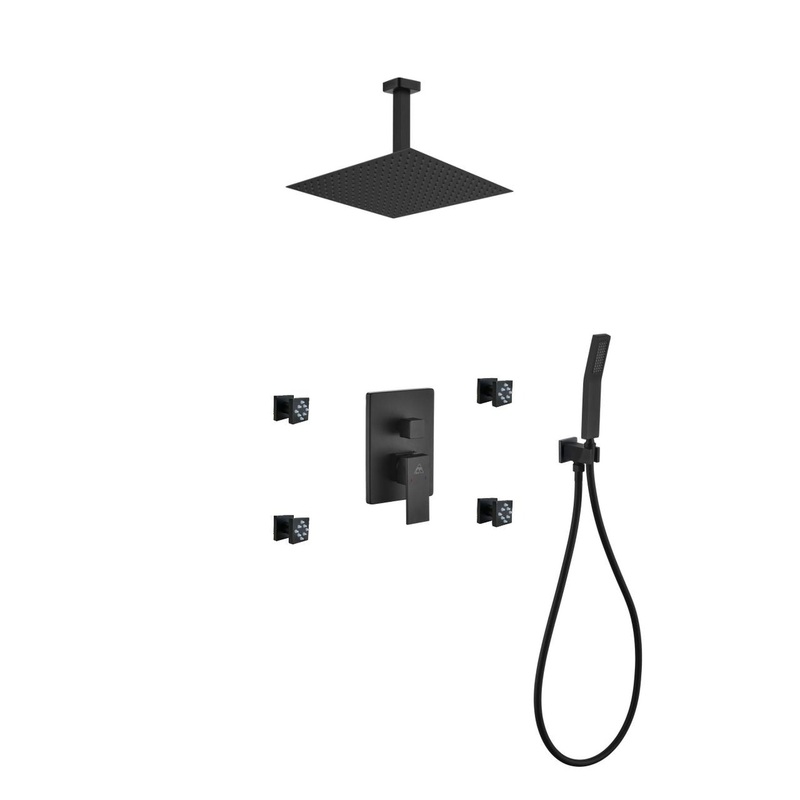 Kubebath Aqua Piazza 12" Matte Black Ceiling Mount Square 4 Body Jets and Handheld Rain Shower Set