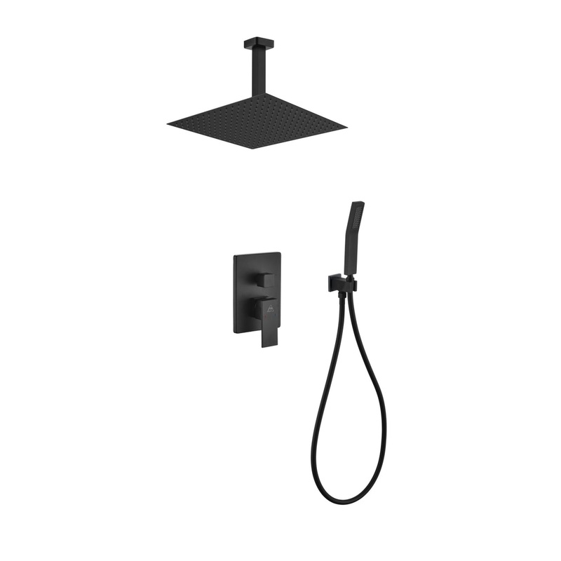 Kubebath Aqua Piazza 12" Matte Black Ceiling Mount Square and Handheld Rain Shower Set