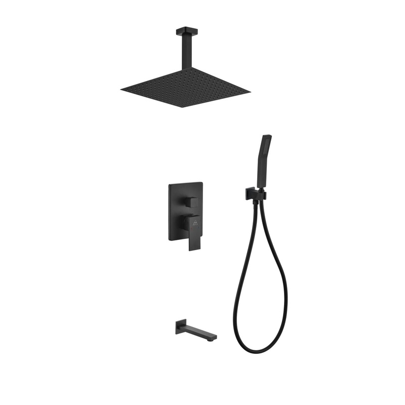 Kubebath Aqua Piazza 12" Matte Black Ceiling Mount Square and Handheld With Tub Filler Rain Shower Set