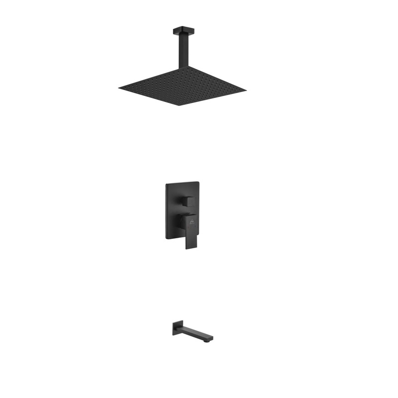 Kubebath Aqua Piazza 12" Matte Black Ceiling Mount Square and Tub Filler Rain Shower
