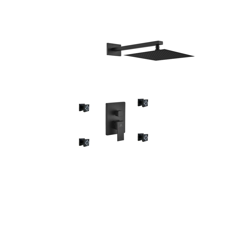 Kubebath Aqua Piazza 12" Matte Black Ceiling Mount Square with 4 Body Jets Rain Shower Set