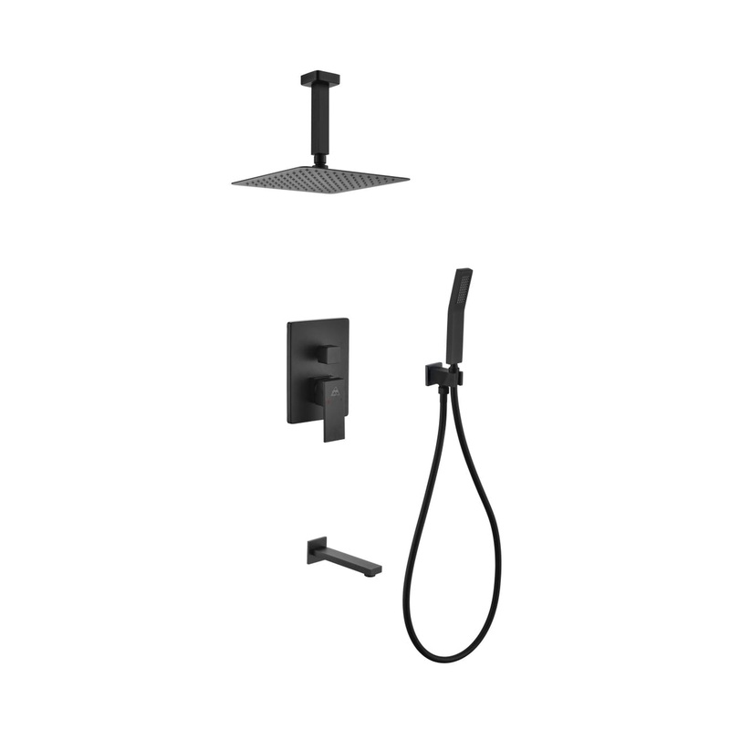 Kubebath Aqua Piazza 8" Matte Black Ceiling Mount Square With Handheld and Tub Filler Jets Rain Shower Set