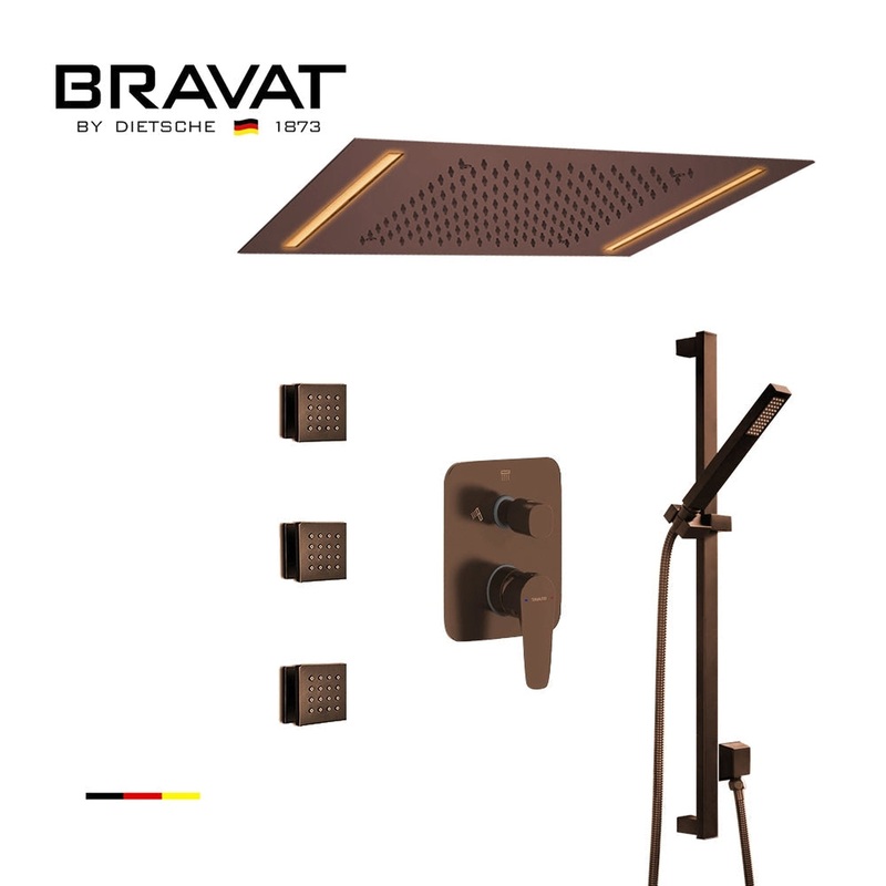 Fontana Bravat Light Oil Rubbed Bronze Ceiling Mounted LED Rainfall Shower System With Hand Shower and 3-Jet Body Sprays