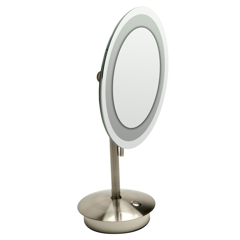 ALFI BrandABM9  FLED-BN 9" Brushed Nickel Freestanding Tabletop Round 5x Magnifying Cosmetic Mirror With Light