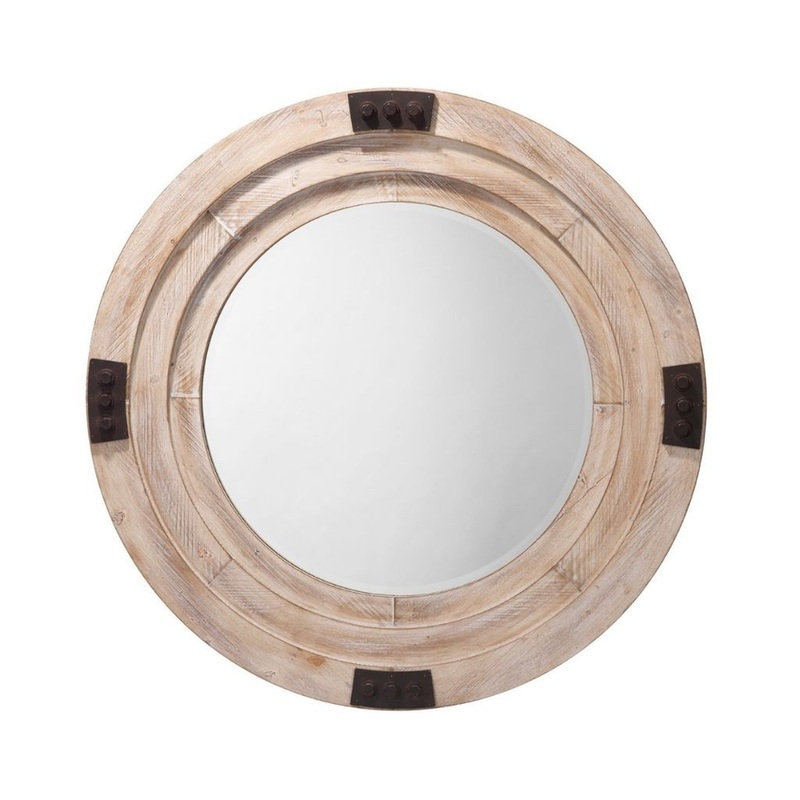 Jamie Young Foreman 36" Round Mirror With White Washed Wood Frame and Iron Metal Accents