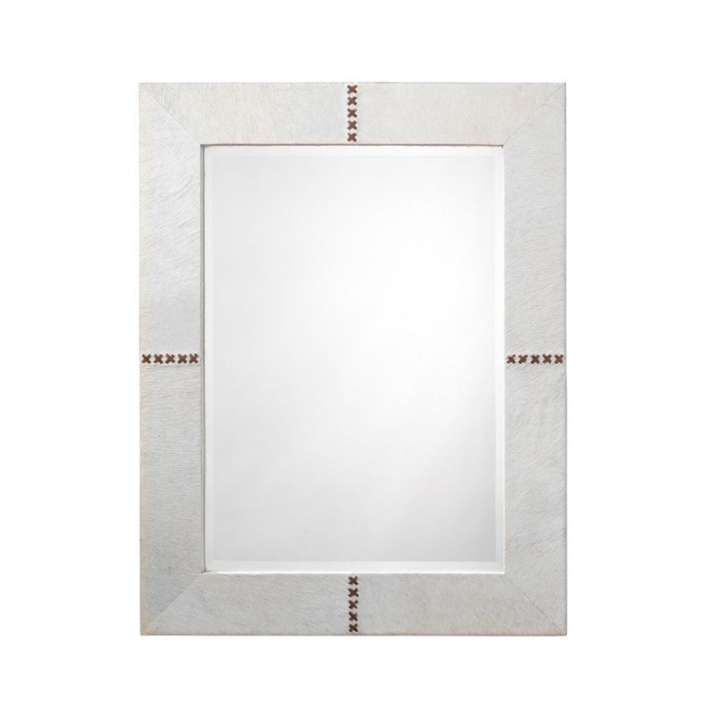 Jamie Young Stitch 28" x 36" Rectangle Mirror With White Hide Frame With Leather Brown Stitching Accents