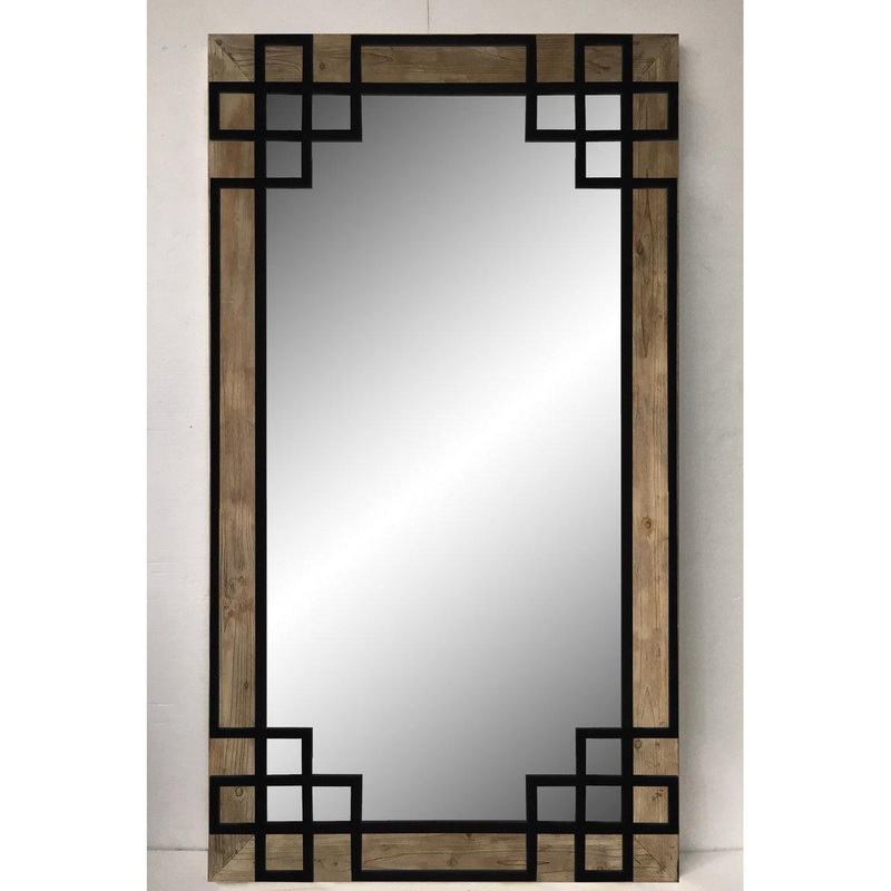 SBC Decor Elegant 48" x 84" Wall-Mounted Wood Frame Leaner Dresser Mirror In Rustic with Black Iron Overlay Finish