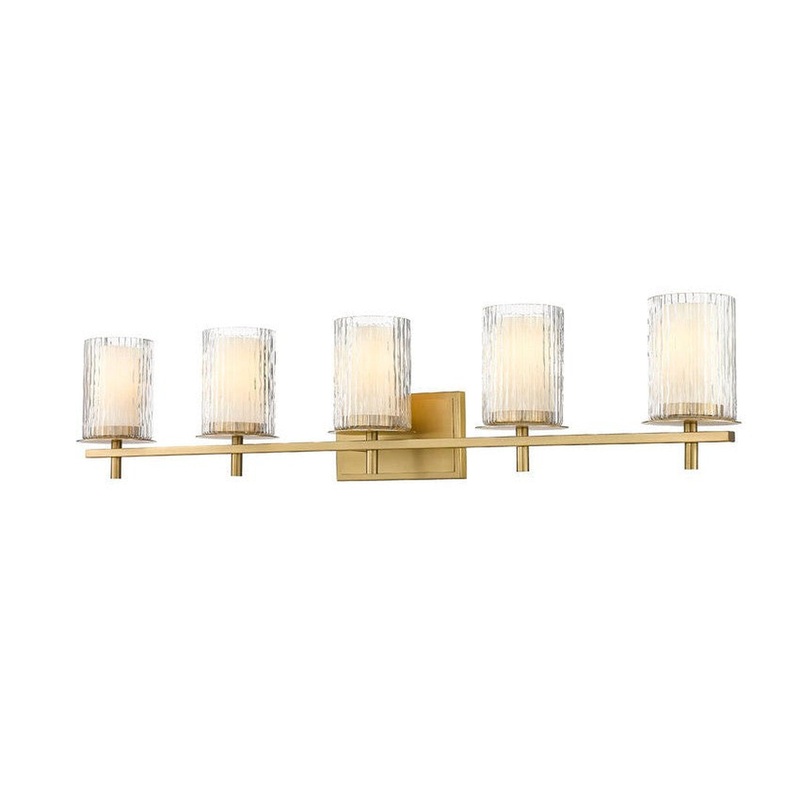 Z-Lite Grayson 40" 5-Light Modern Gold and Clear With Etched Opal Glass Shade Vanity Light