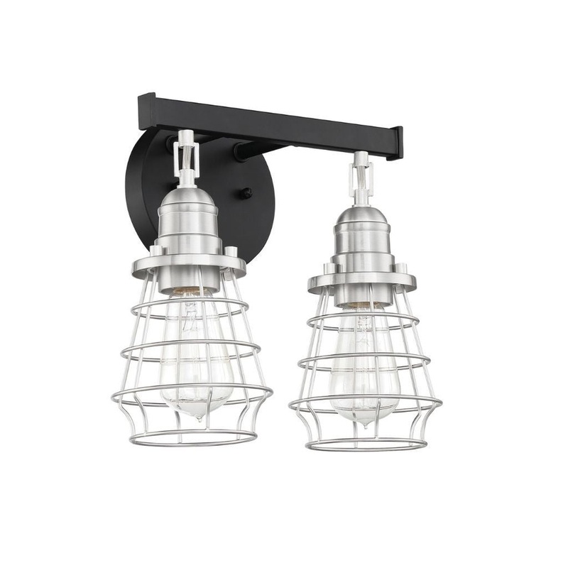Craftmade Thatcher 12" 2-Light Flat Black Vanity Light With Brushed Polished Nickel Metal Wire Shades