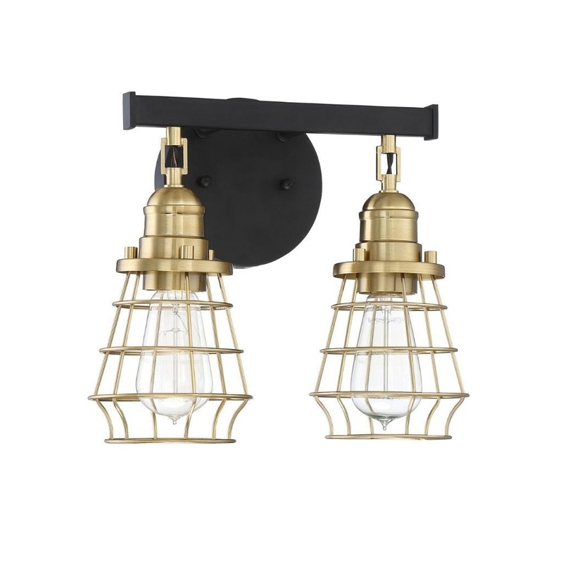 Craftmade Thatcher 12" 2-Light Flat Black Vanity Light With Satin Brass Metal Wire Shades