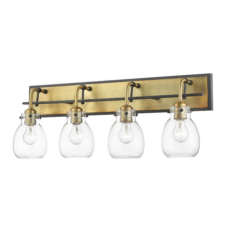 Z-Lite Kraken 30" 4-Light Matte Black and Olde Brass Vanity Light With Clear Glass Shade