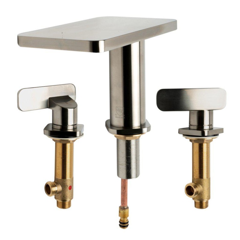ALFI Brand AB1884-BN Brushed Nickel Widespread Flat Rectangle Shelf Spout Brass Bathroom Sink Faucet With Two Lever Handles