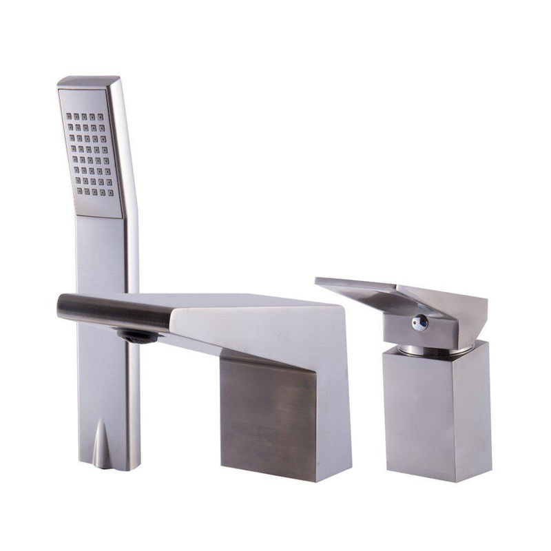 ALFI Brand AB2464-BN Brushed Nickel Deck Mounted 3 Hole Tub Filler With Shower Head and Single Lever