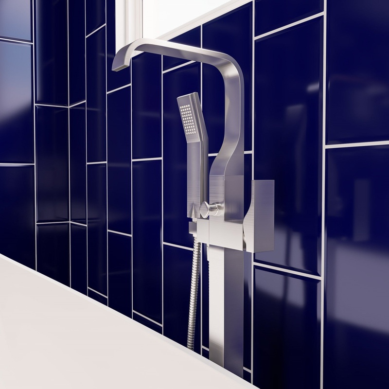 ALFI Brand AB2180-BN Brushed Nickel Floor Mounted Tub Filler Mixer With Hand Held Shower Head and Single Lever
